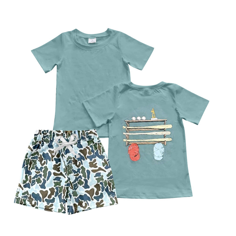 ( Moq 5 ) Preorder Baby Boys Kids Green Short Sleeves Baseball Shirt Camo Pockets Shorts Set