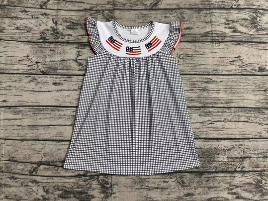 No moq Pre-order July 4th Baby Girl Embroidery Flag Plaid Dress
