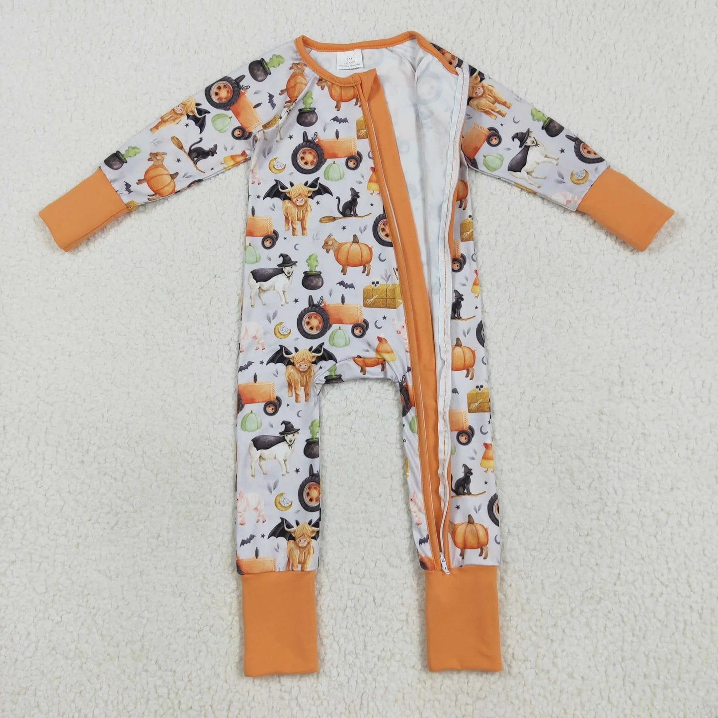 Baby Boy Long Sleeves Pumpkins Farm Animals Sibling Halloween Pajamas Zipper Romper Set