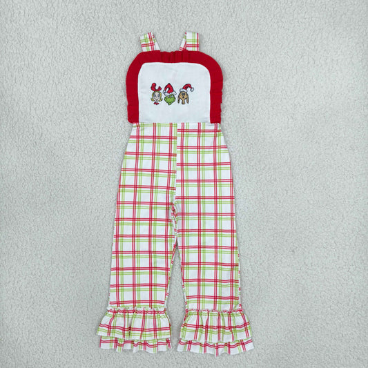 Baby Girl Kids Embroidery Christmas Green Face Plaid Ruffle Pants Jumpsuit Clothes RTS