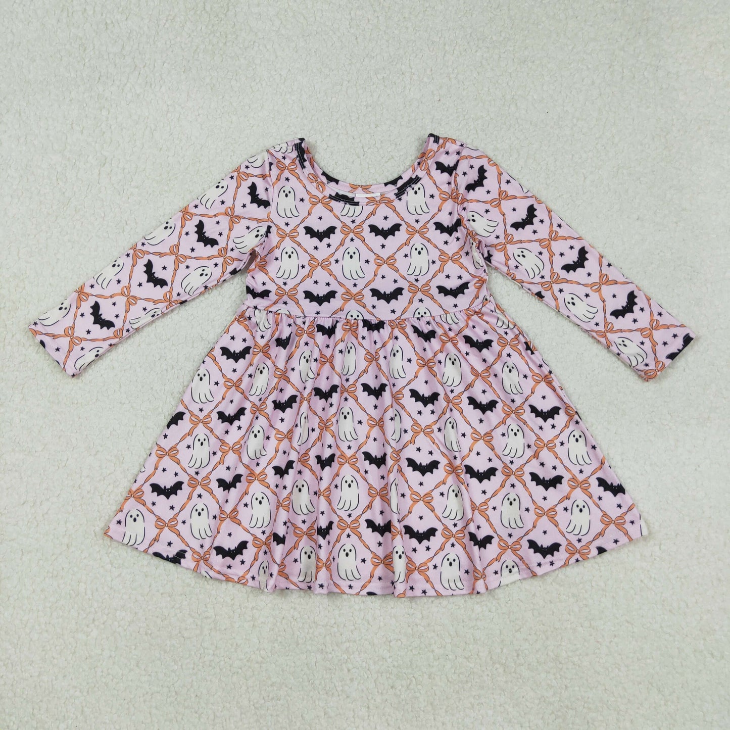 Baby Girl Long Sleeves Pumpkins Ghost Bats Halloween Knee Length Dress RTS
