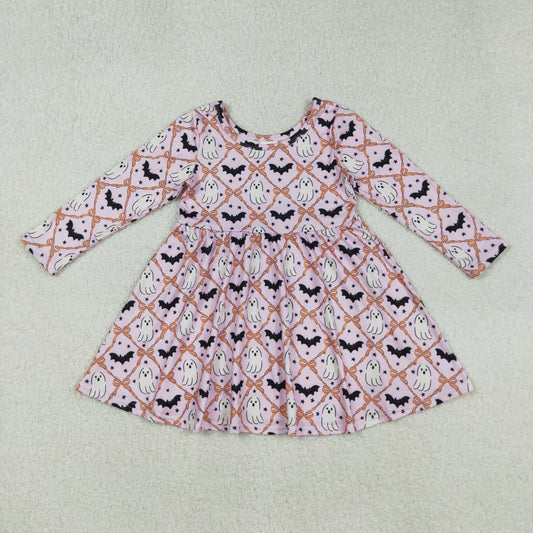 Baby Girl Long Sleeves Pumpkins Ghost Bats Halloween Knee Length Dress RTS