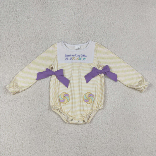 Baby Girls Infant Long Sleeves Embroidery Sweet Cake Bows Mardi Gras Bubble Romper RTS