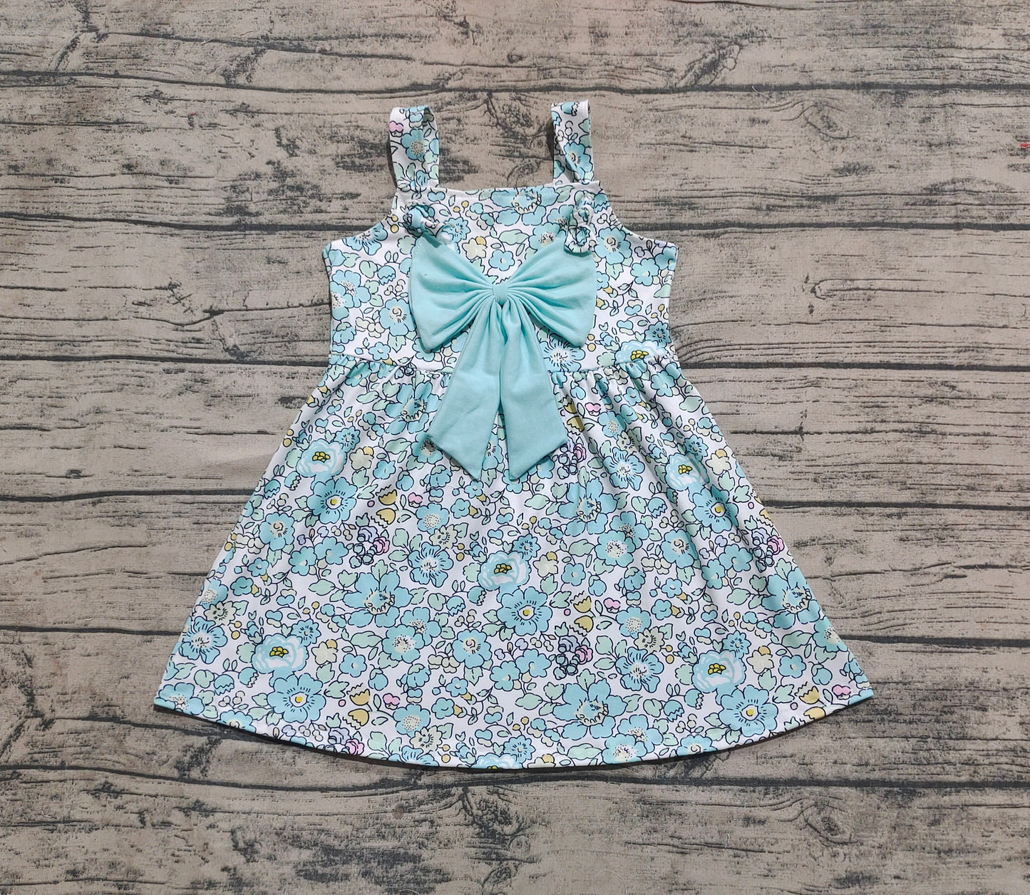 Baby Girl Straps Blue Flower Bow Knee Length Dress RTS