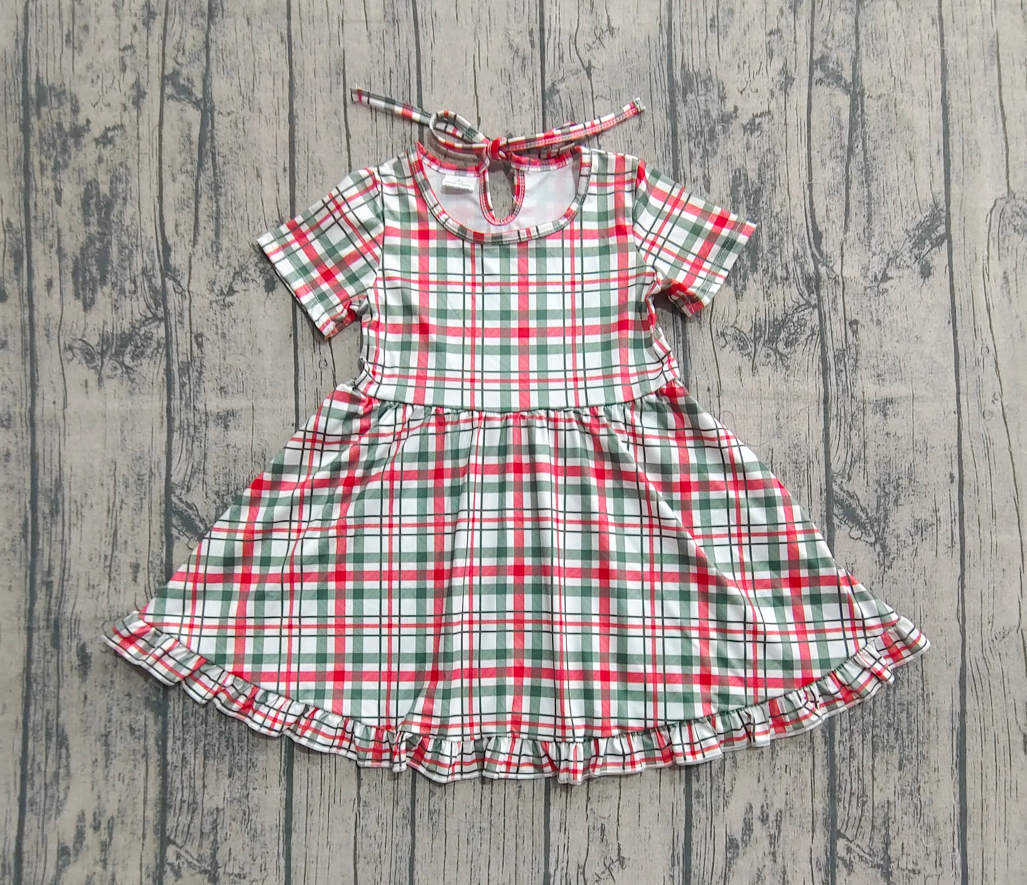 Baby Girl Short Sleeves Red Green Plaid Christmas Knee Length Dress RTS