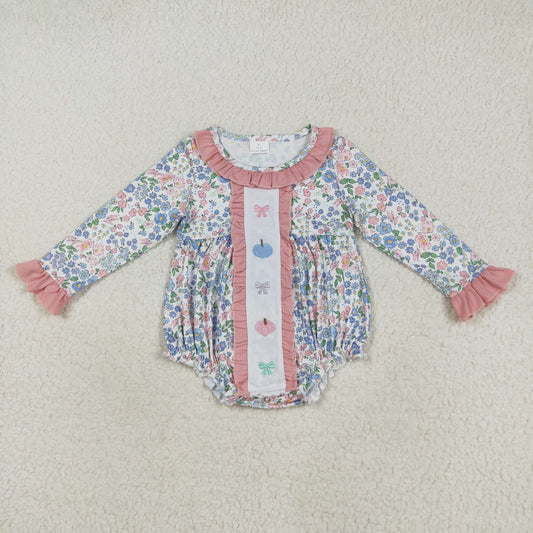 Baby Girl Long Sleeves Floral Embroidery Bows Pumpkins Bubble Romper Fall RTS