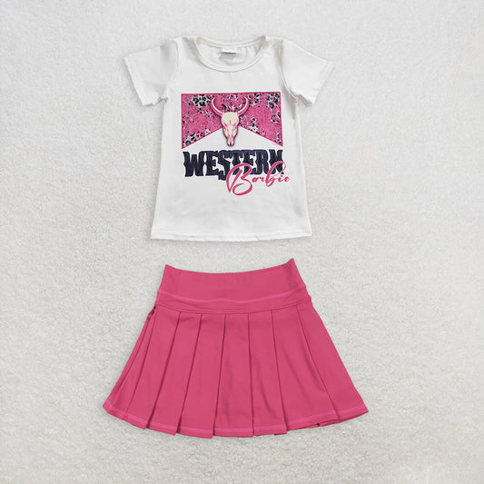 Baby Girl Short Sleeves Western Cow Shirt Pink Pleated Skorts Yoga Active Set RTS
