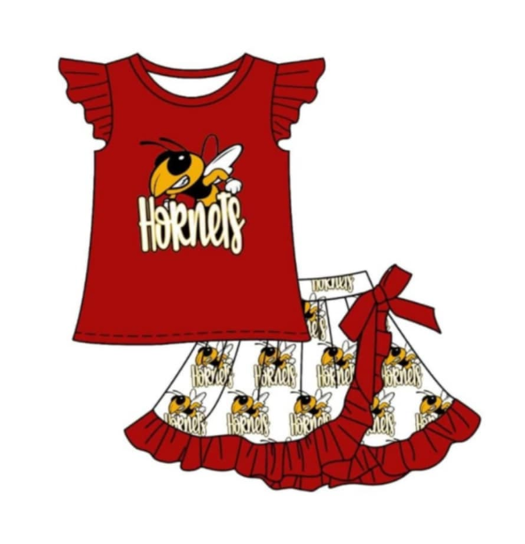 Baby Girl Short Sleeves Bee Team Shirt Ruffle Bow Skort Clothes Set ( Moq 5 )