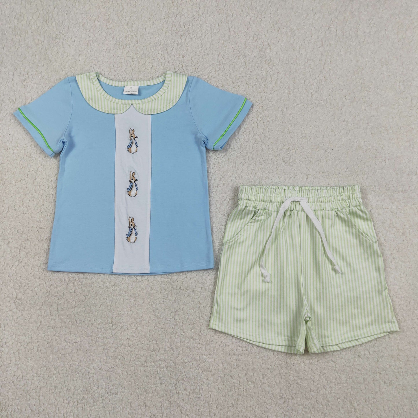 Baby Boys Kids Short Sleeves Embroidery Rabbits Shirt Pockets Stripes Shorts Easter Set