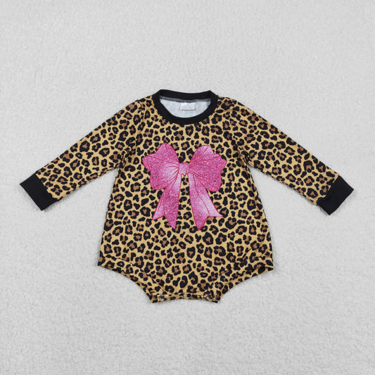 Baby Girls Infant Long Sleeve Leopard Bow Bubble Romper RTS
