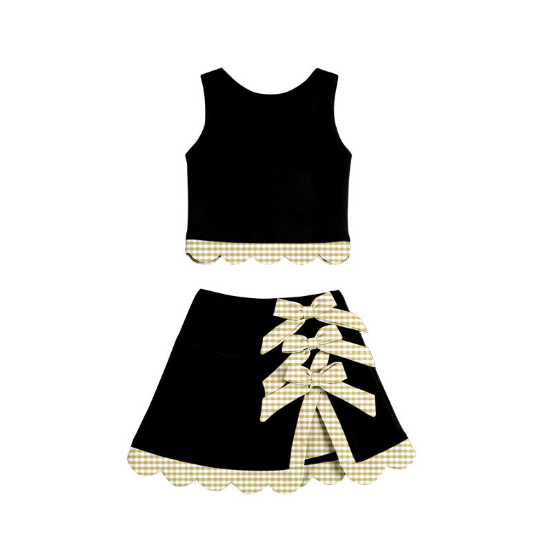 ( Moq 5 ) Preorder Baby Girls Kids Scallop Black Shirt Bows Skirt Shorts Set Yoga Active Clothes