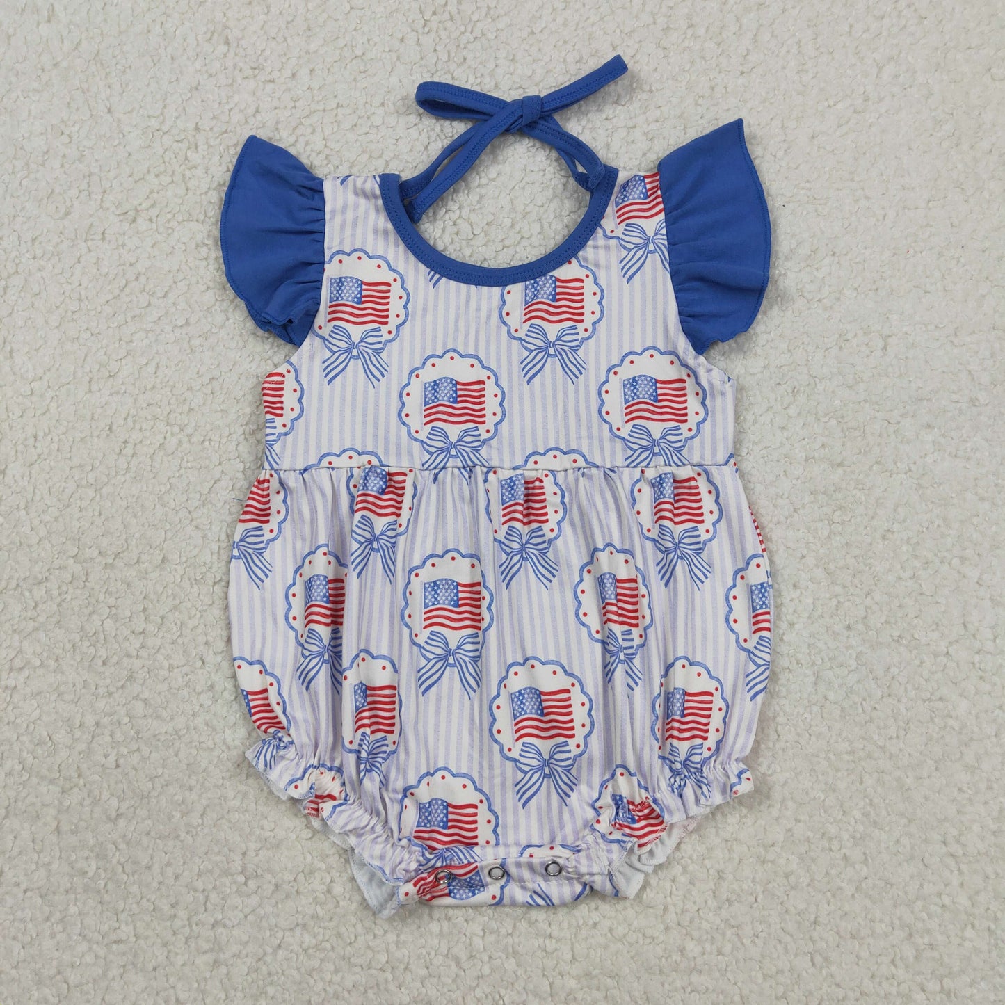 Baby Girls Infant Short Sleeves Blue Bows Flags 4th of July Bubble Romper RTS