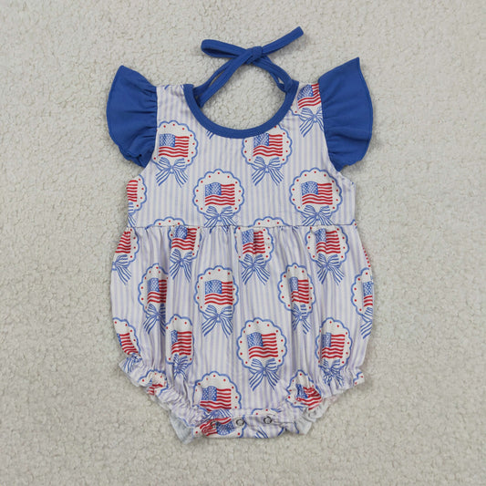 Baby Girls Infant Short Sleeves Blue Bows Flags 4th of July Bubble Romper RTS