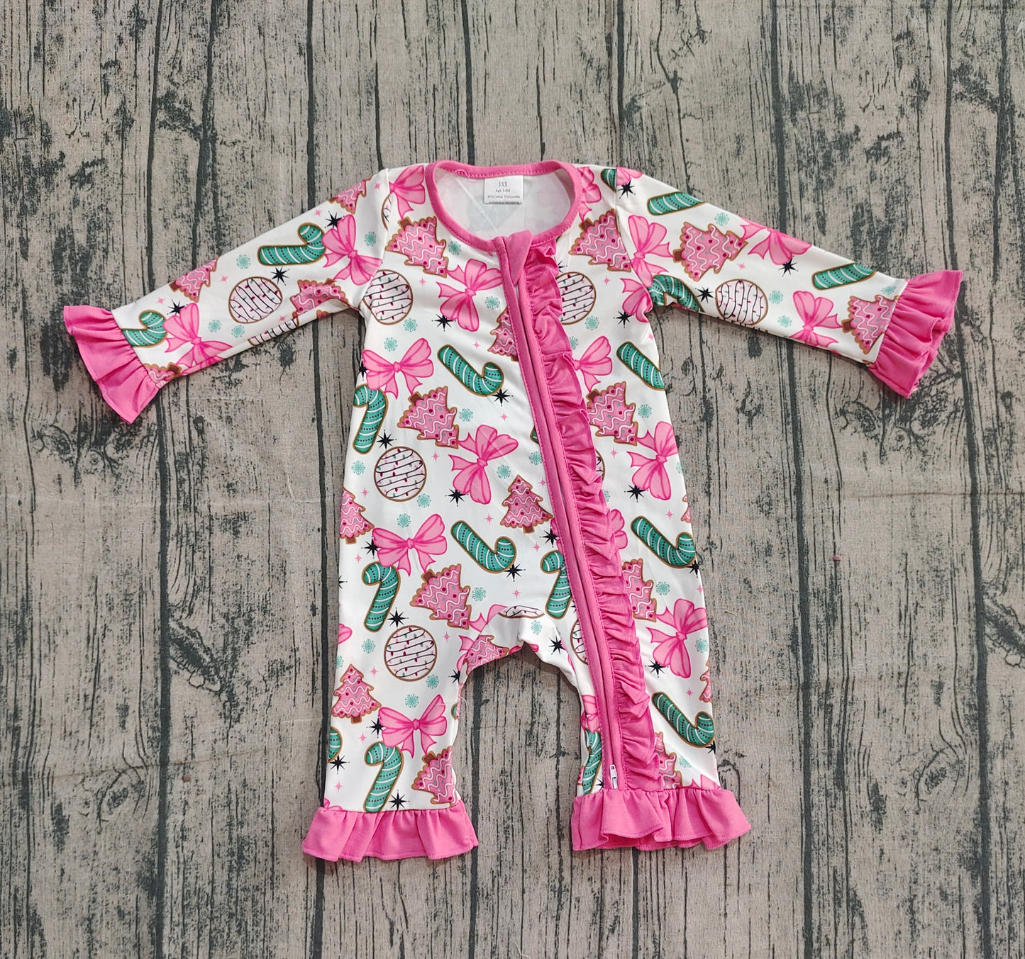 Baby Girl Long Sleeves Candy Cane Pink Bows Tree Christmas Zipper Romper RTS