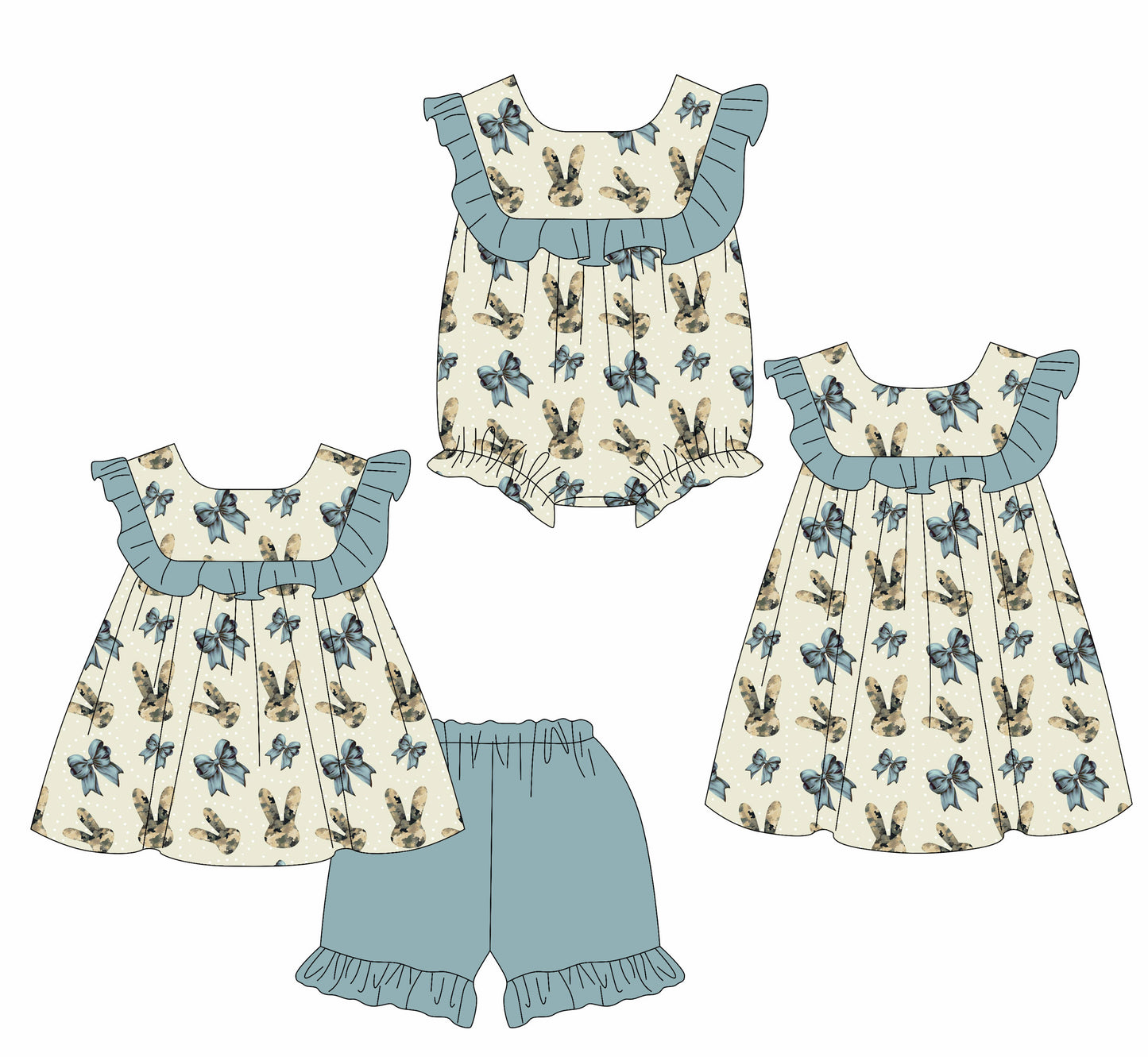 ( Moq 5 Each Style ) Baby Girls Kids Rabbits Green Bows Sibling Easter Romper Dress Set