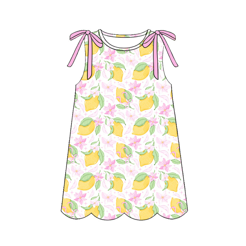 ( Moq 5 ) Preorder Baby Girls Kids Sleeveless Flower Bows Lemons Scallop Knee Length Dress
