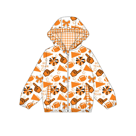 ( Moq 5 ) Baby Girls Kids Orange Bows Cheer Pockets Team Hoodie Zipper Football Coat Tops
