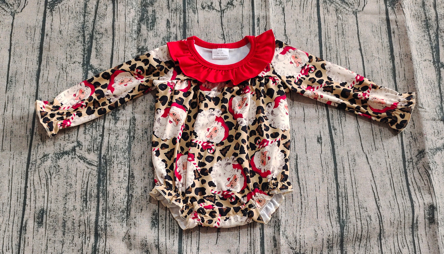 Baby Girl Long Sleeves Leopard Santa Christmas Ruffle Romper RTS