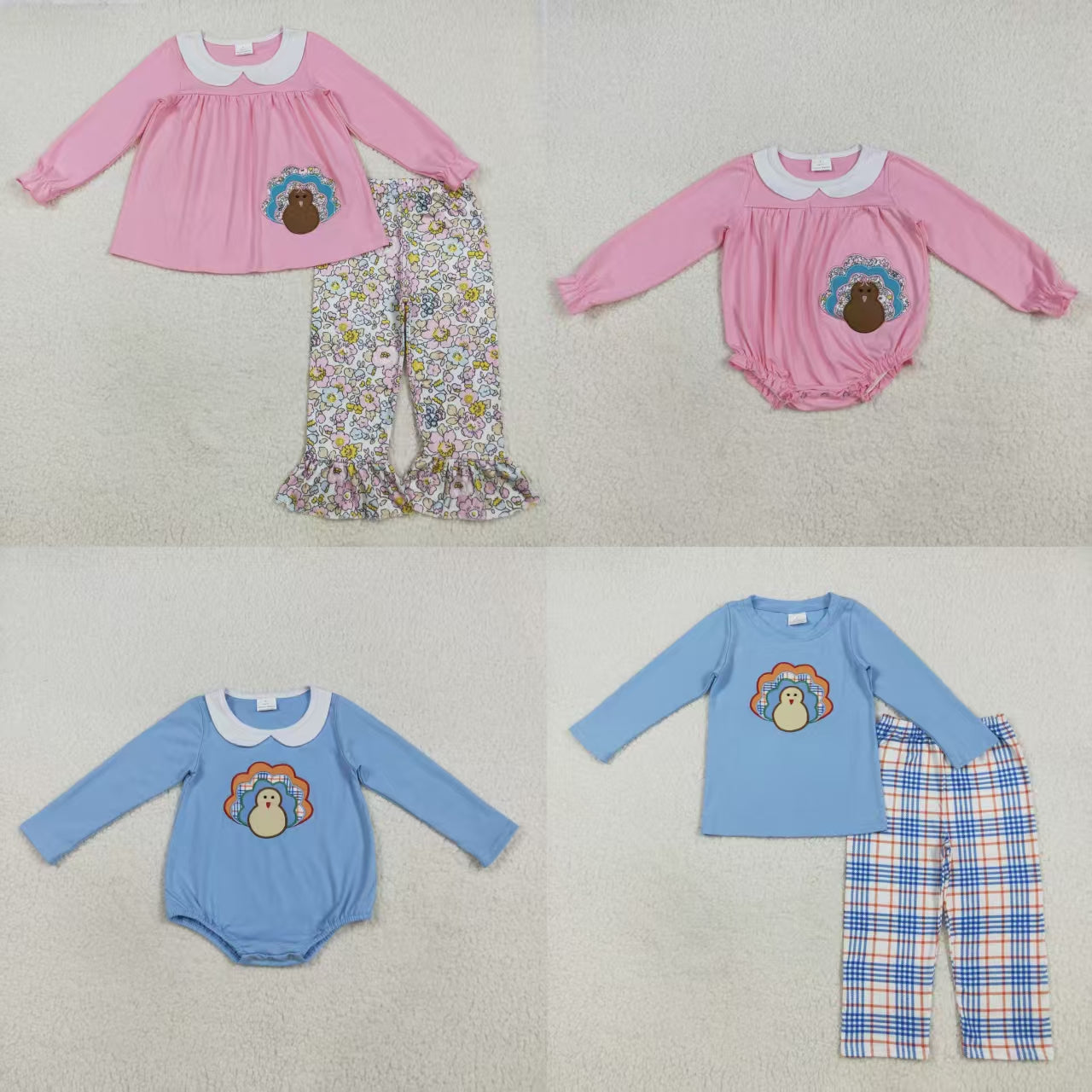 Baby Boy Girl Long Sleeves Embroidery turkey Sibling Thanksgiving Fall Romper Set RTS