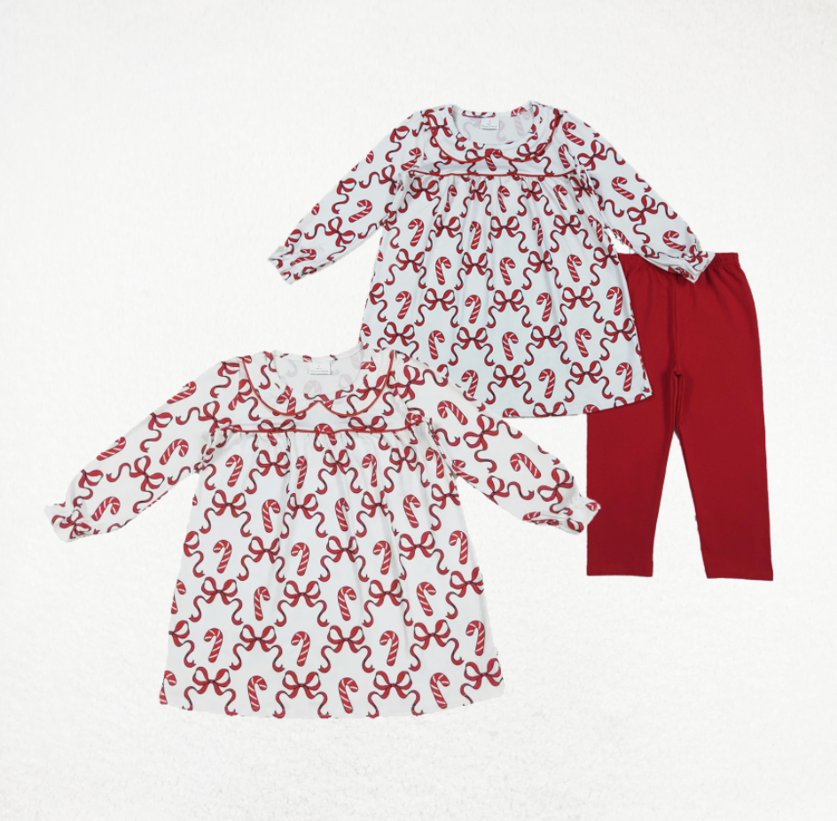 Baby Girl Long Ruffle Sleeves Red Bows Candy Cane Sibling Christmas Dress Set Clothes RTS