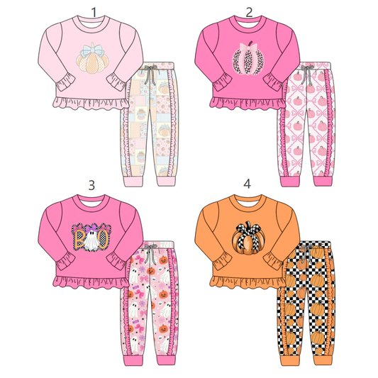 ( Moq 5 Each Style ) Sibling Baby Girls Kids Long Sleeves Pumpkins Bows Shirts Ruffle Pants Sets Fall Clothes