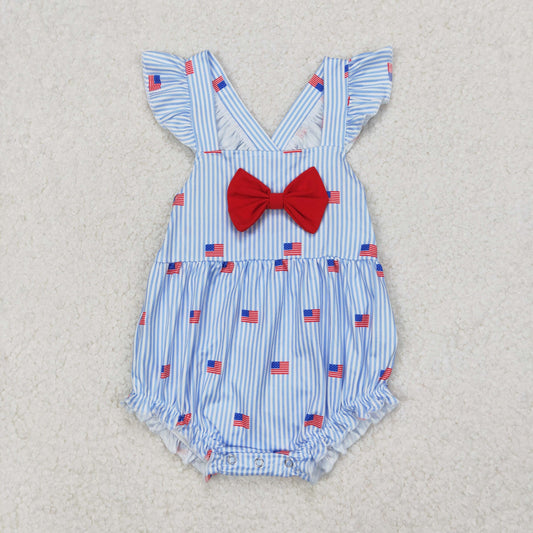 Baby Girl Infant Short Sleeves Stripes Flags Bow 4th Of July Blue Romper RTS