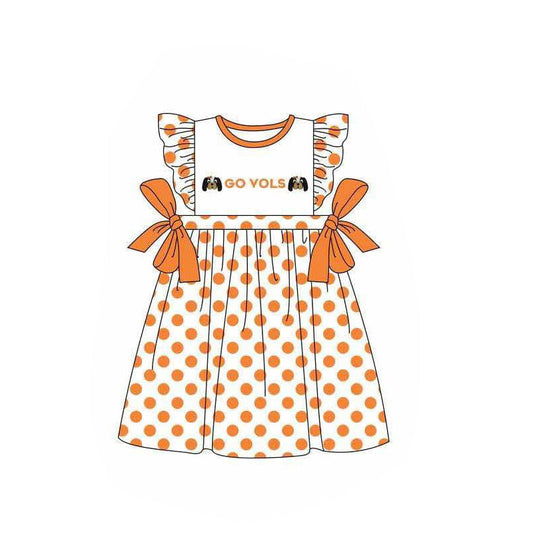 Baby Girl Short Sleeves Dogs Orange Bows Knee Length Dress ( Moq 5 )