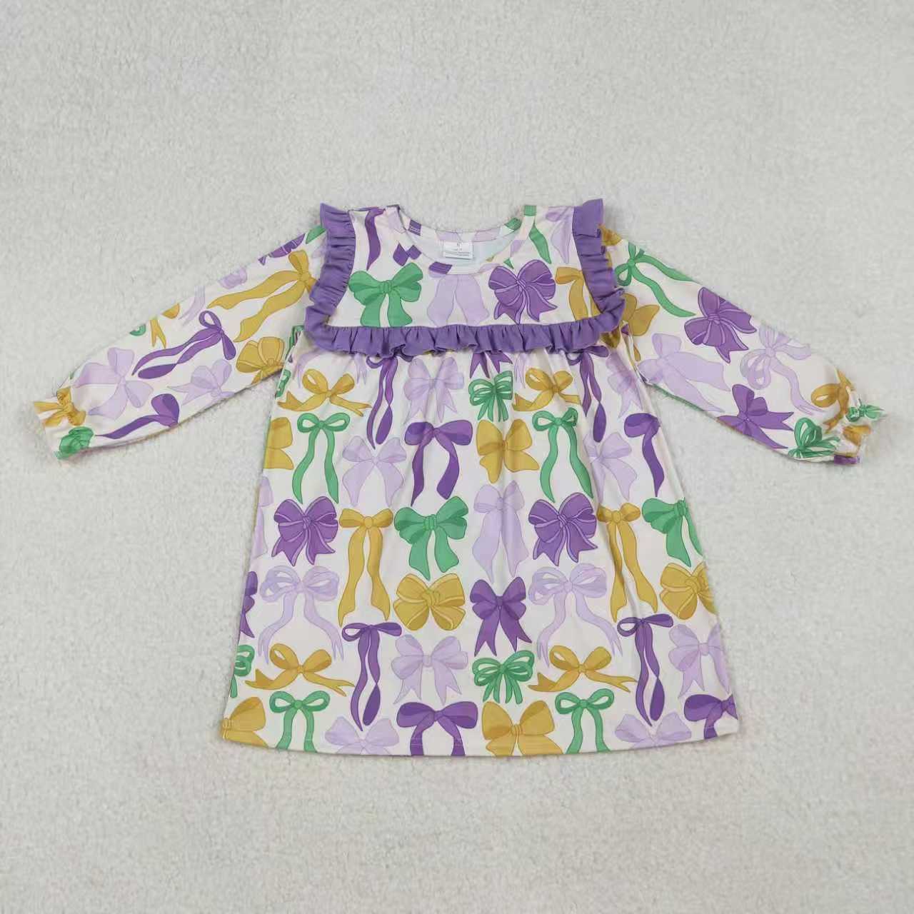Sibling Girls Kids Colorful Bows Purple Ruffle Mardi Gras Jumpsuit Dress Set RTS