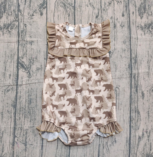 ( No moq ) Preorder Baby Girls Kids Deer Camo Ruffle One-piece Swimsuit