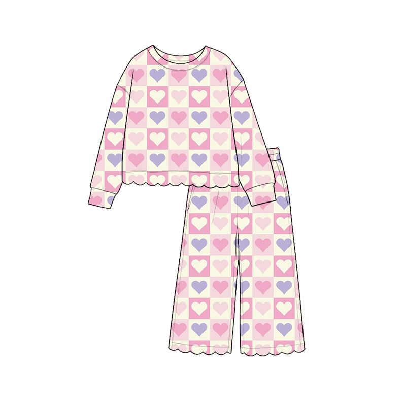 ( Moq 5 ) Preorder Baby Girls Kids Long Sleeves Hearts Plaid Shirt Pants Scallop Set Valentine Clothes