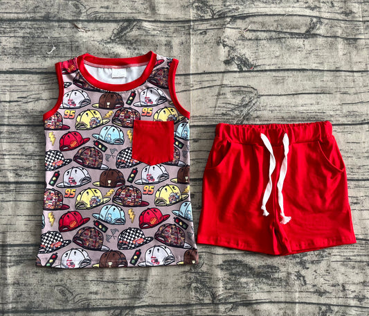 Preorder Baby Boy Sleeveless Cartoon Hats Shirt Red Pockets Shorts Set ( No moq )