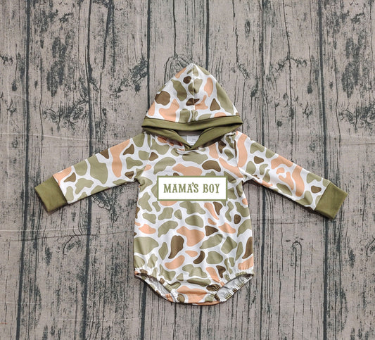 ( No moq ) Preorder Baby Boys Camo Long Sleeves Mama's Boy Hoodie Bubble Romper