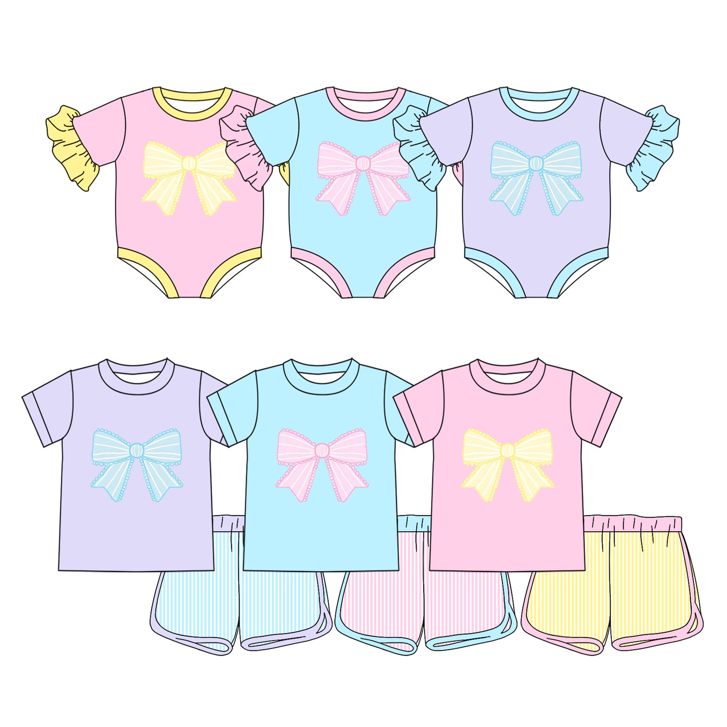 ( Moq 5 Each Style ) Sibling Baby Boys Girls Kids Bows Shirts Stripes Shorts Sets Rompers
