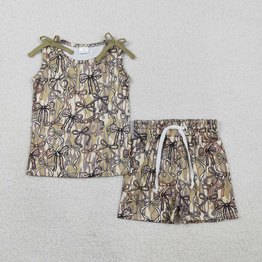 Baby Girls Kids Sleeveless Camo Bows Tops Shorts Clothes Set RTS
