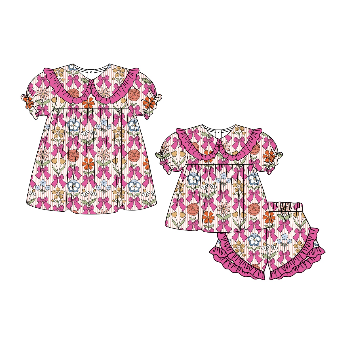 ( Moq 5 Each Style ) Baby Girls Kids Flower Pink Bows Short Sleeves Sibling Summer Dress Set