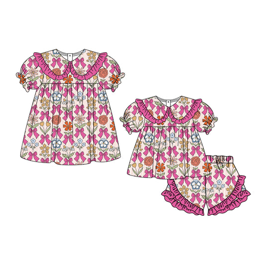 ( Moq 5 Each Style ) Baby Girls Kids Flower Pink Bows Short Sleeves Sibling Summer Dress Set