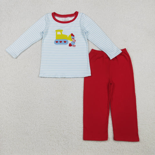 Boy Kids Embroidery Hearts Truck Stripes Shirt Red Pants Valentine's Day Clothes Set RTS