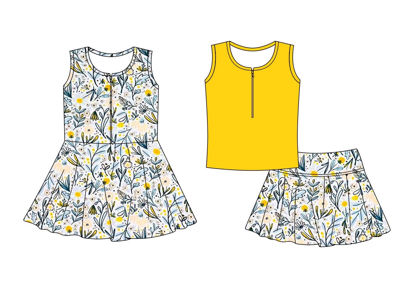 ( Moq 5 Each Style ) Baby Girls Kids Summer Sleeveless Yellow Flower Sibling Zipper Dress Set