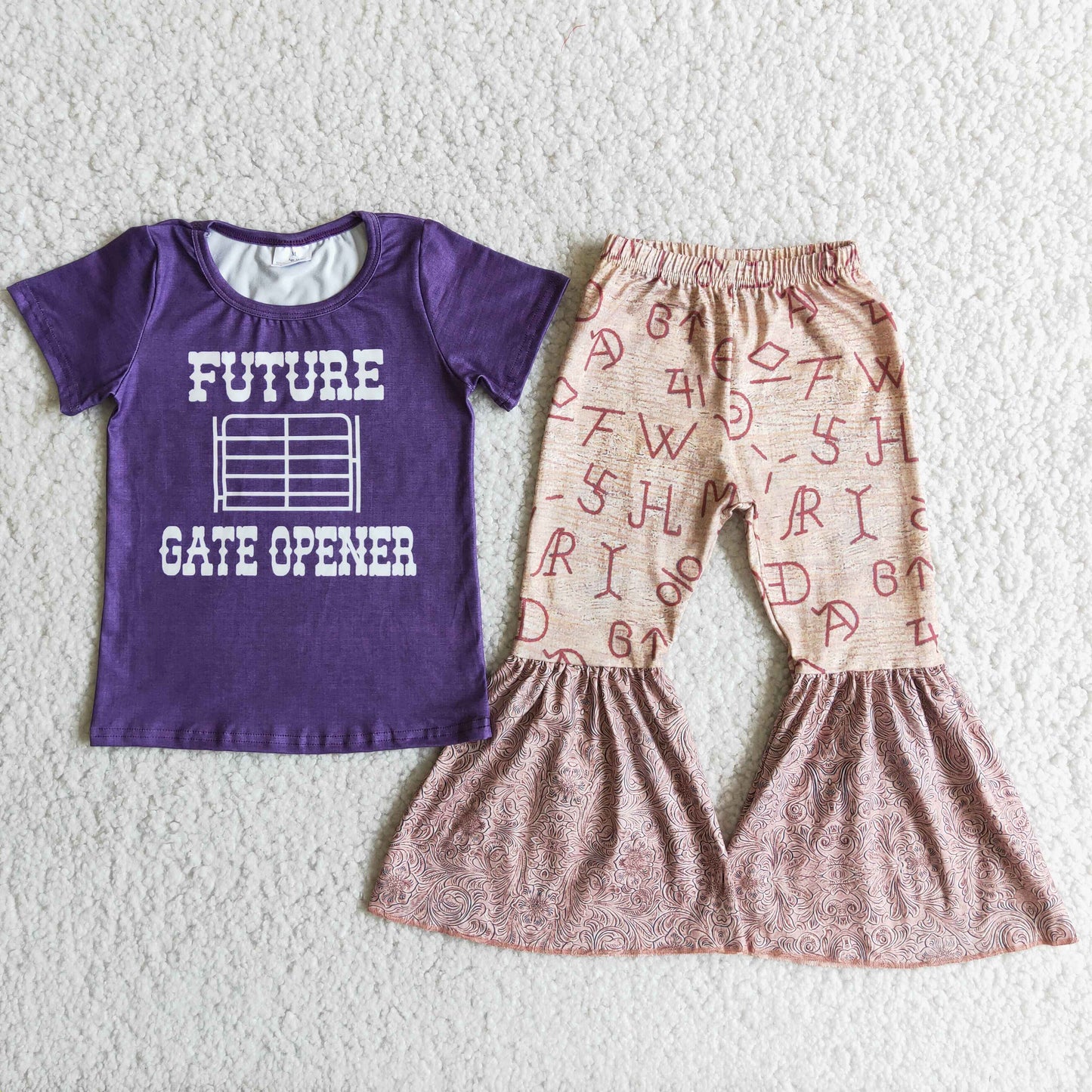 Promotion Baby Girl Short Sleeves Purple Shirt Bell Pants Western Outfit RTS