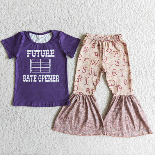 Promotion Baby Girl Short Sleeves Purple Shirt Bell Pants Western Outfit RTS