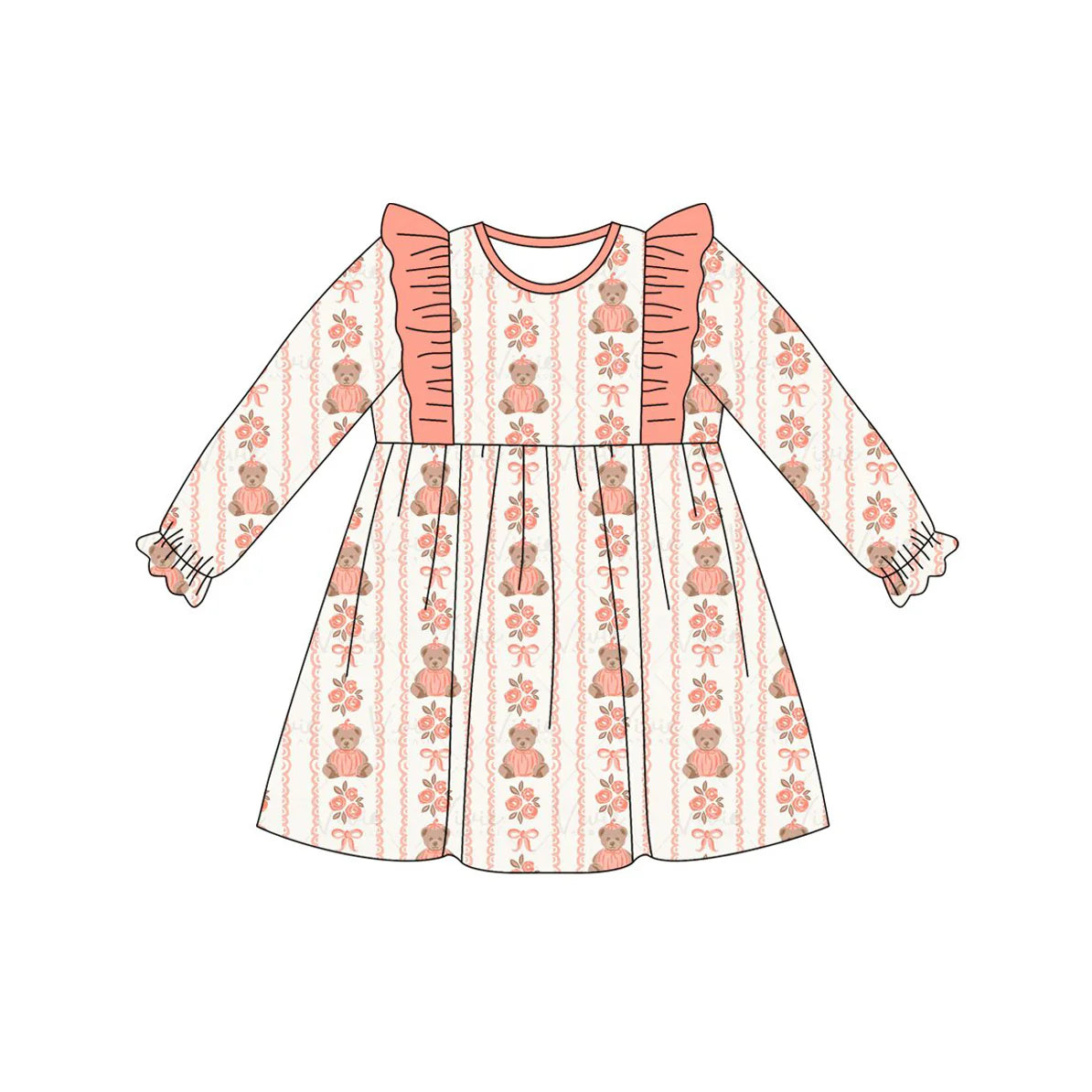 ( Moq 5 ) Preorder Baby Girls Kids Long Sleeves Bear Bows Flower Knee Length Dress
