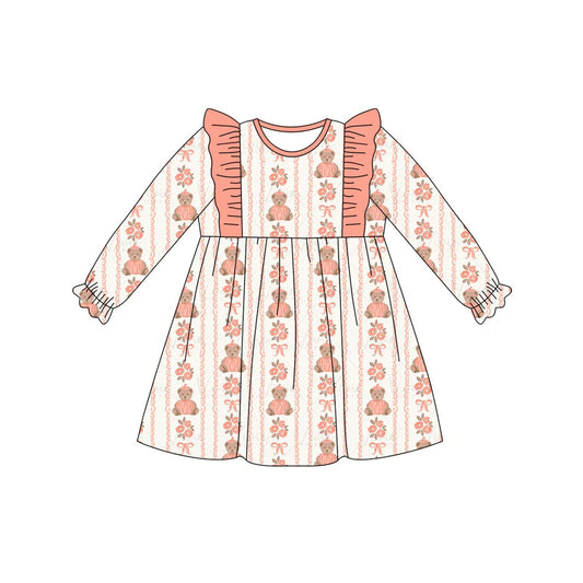 ( Moq 5 ) Preorder Baby Girls Kids Long Sleeves Bear Bows Flower Knee Length Dress
