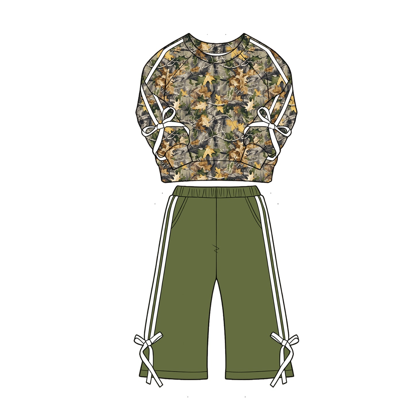 ( Moq 5 ) Preorder Baby Girls Kids Bows Long Sleeves Leaves Shirt Green Pockets Pants Set Clothes