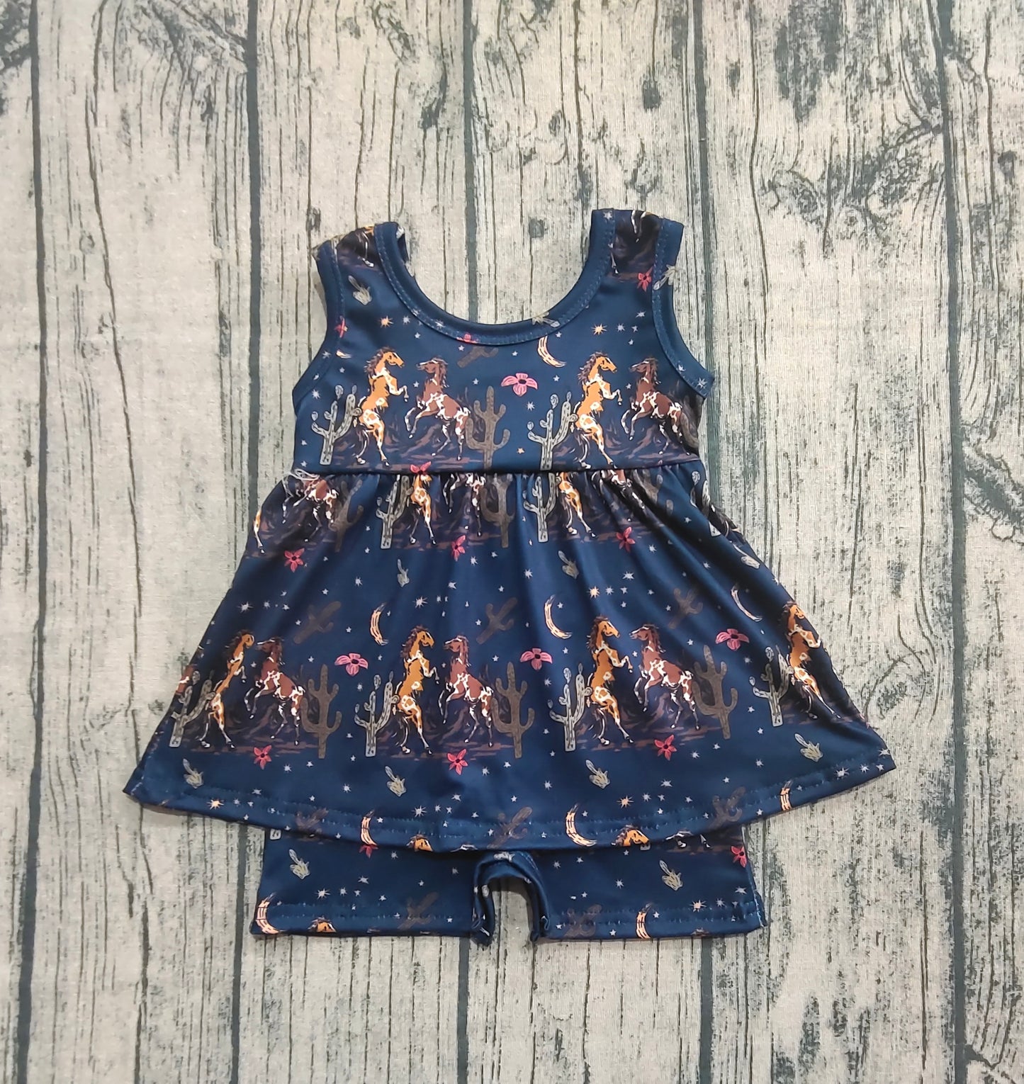 Baby Girl Toddler Sleeveless Horse Cactus Western Skort Jumpsuit RTS