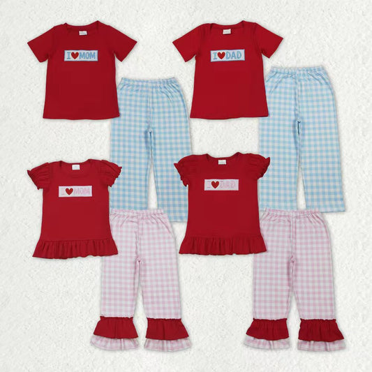 Baby Boys Girls Embroidery I Love Dad Mom Plaid Set Sibling Matching Outfit