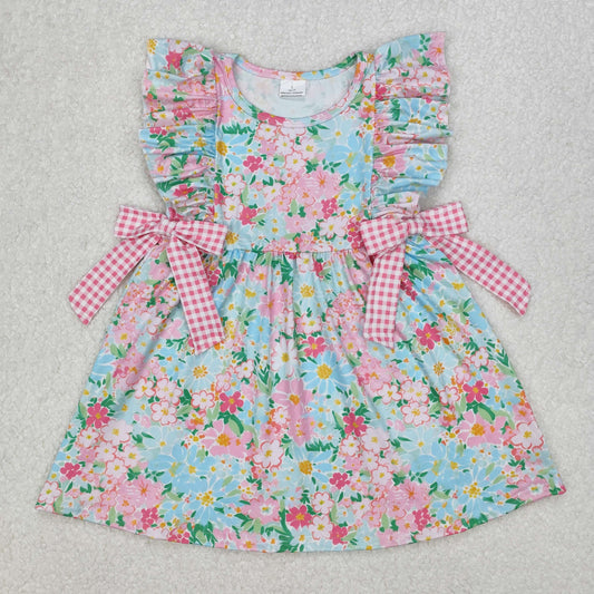 Baby Girl Ruffle Short Sleeves Flower Checked Bows Summer Knee Length Dress RTS
