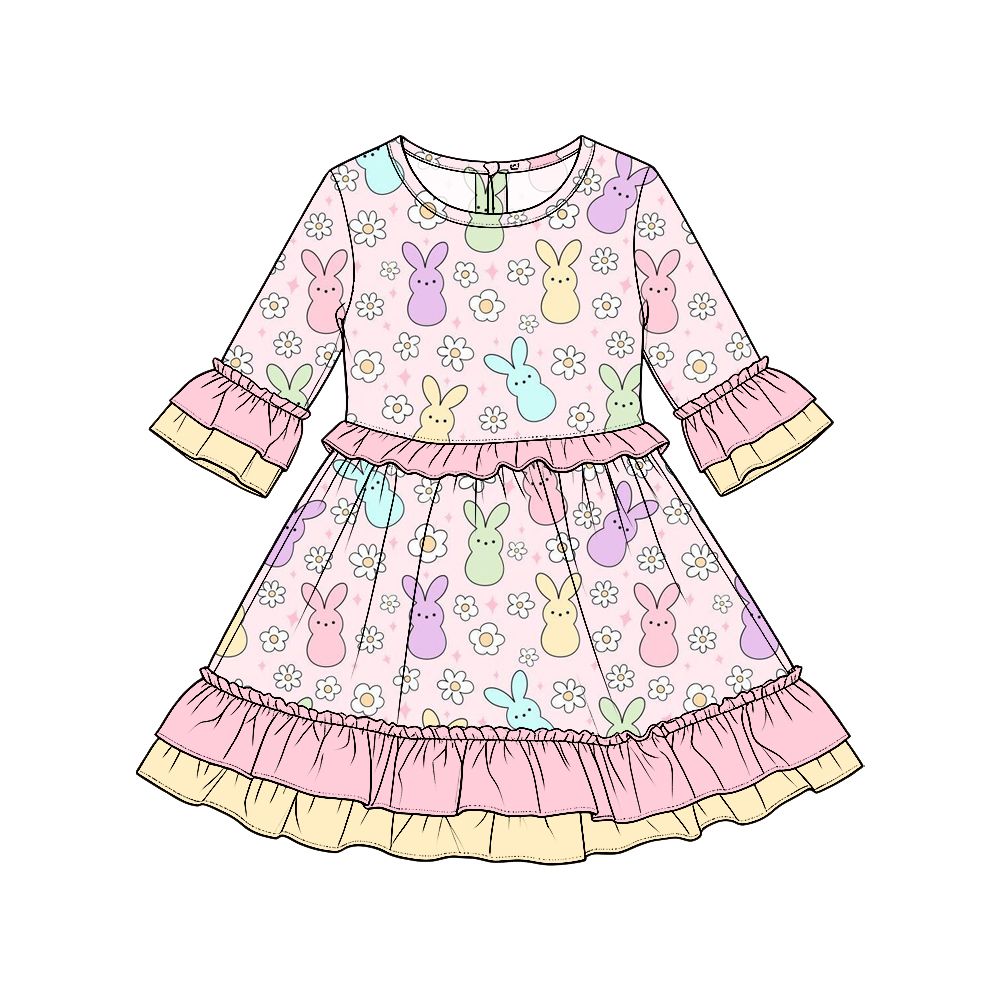 ( Moq 5 ) Preorder Baby Girls Kids Long Sleeves Rabbits Flower Easter Ruffle Dress Clothes