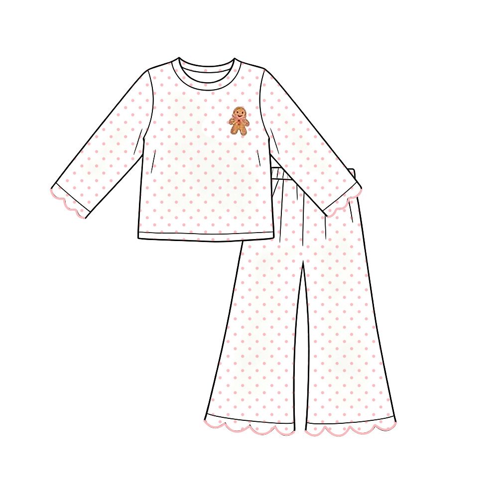 ( Moq 5 ) Preorder Baby Girls Kids Long Sleeves Gingerbread Shirt Scallop Pants Set Christmas Clothes