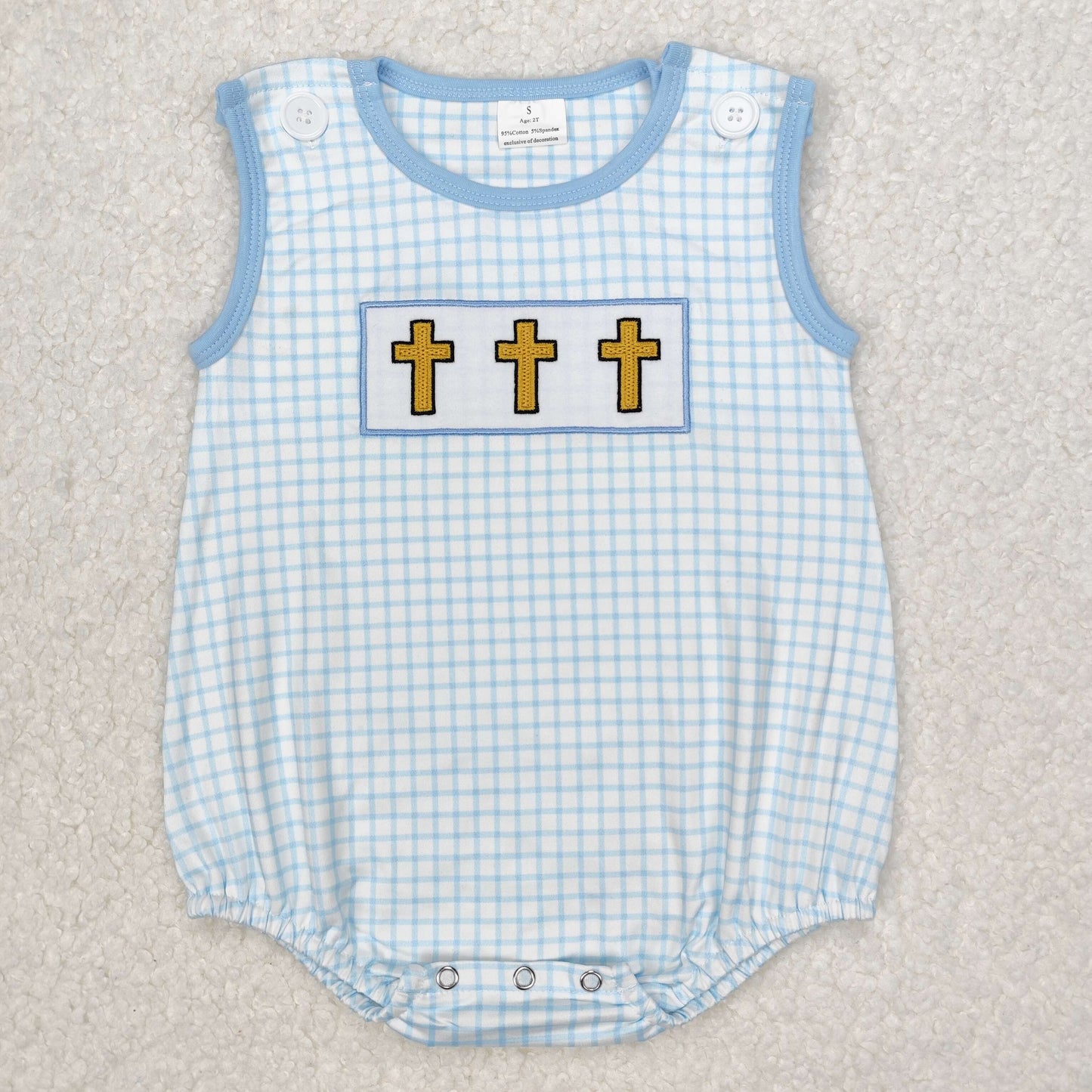 Baby Boy Infant Sleeveless Blue Plaid Embroidery Easter Cross Bubble Romper RTS