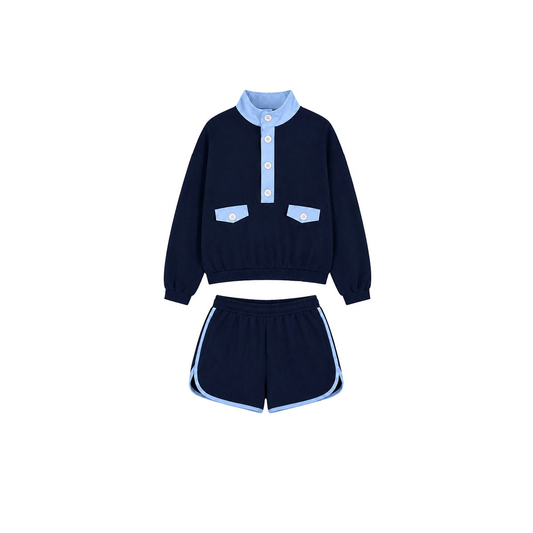 ( Moq 5 ) Preorder Baby Girls Kids Long Sleeves Pockets Buttons Shirt Cotton Shorts Navy Set